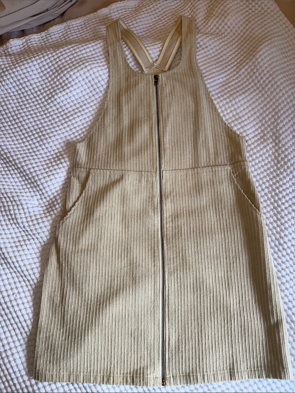 Beige Ribbed Zip-Front Pinafore Dress